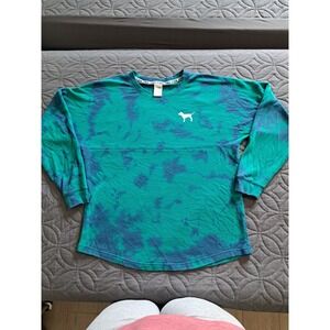 Victoria Secret PINK Sweater M Teal Blue Tie Dye Long Sleeve Oversized Campus‎